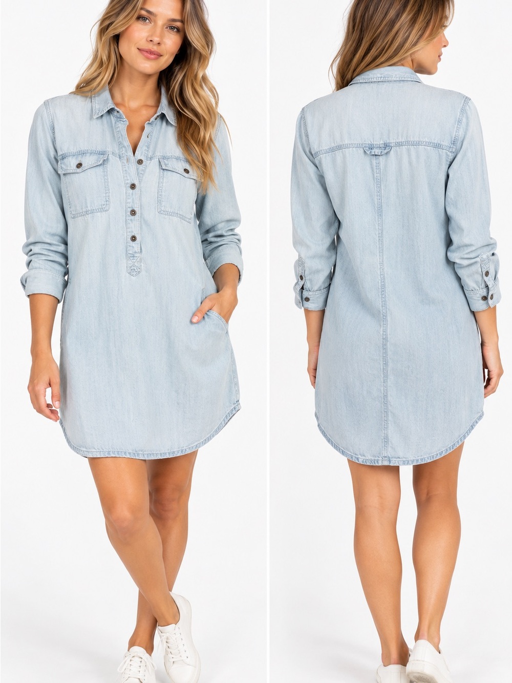 Eileen Fisher Light Wash Denim Shirt Dress - Women's Casual Pullover